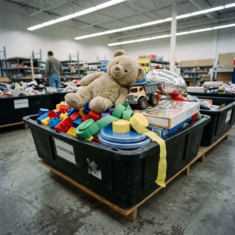 Toys and party supplies in a bin