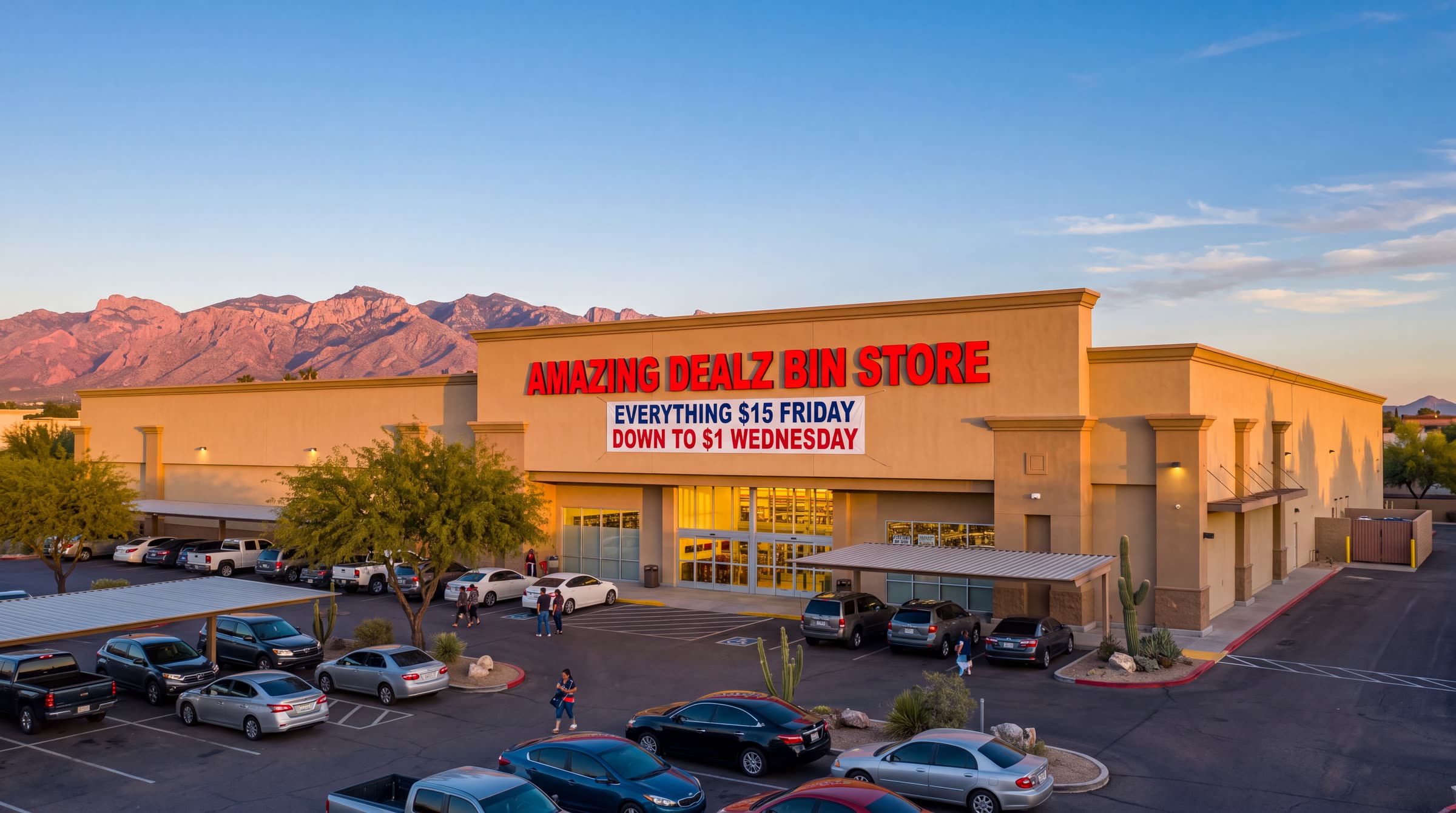 Amazing Dealz Bin Store on East Broadway Boulevard in Tucson at sunset